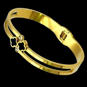 Dainty Clover Bangle Bracelet Stainless Steel Gold Plated With Crystal Accents