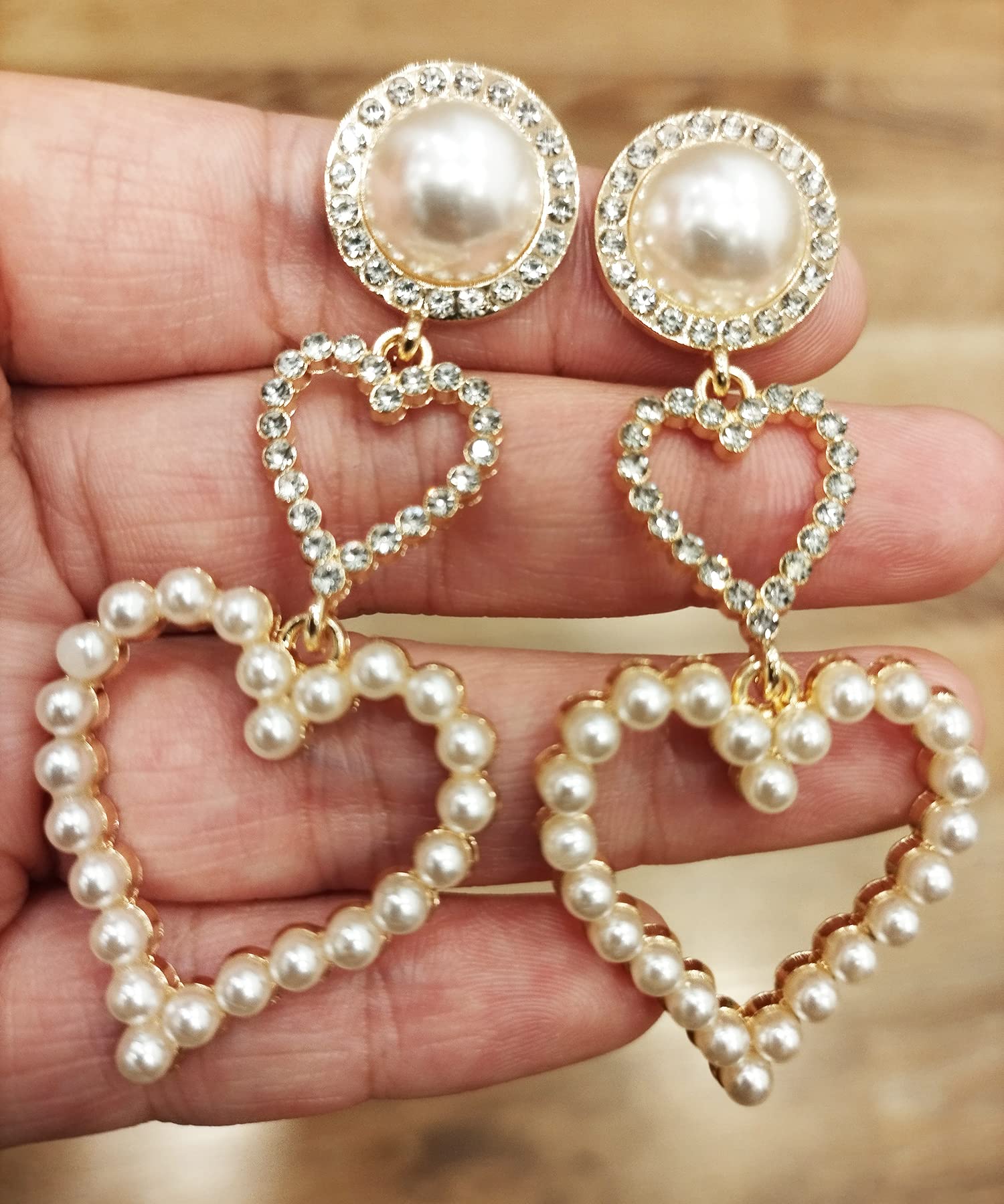 BUAJIUBUA Heart Earrings Drop Pearl Heart Earrings for Women Girls Teens Rhinestone Earrings（Gold Plated）