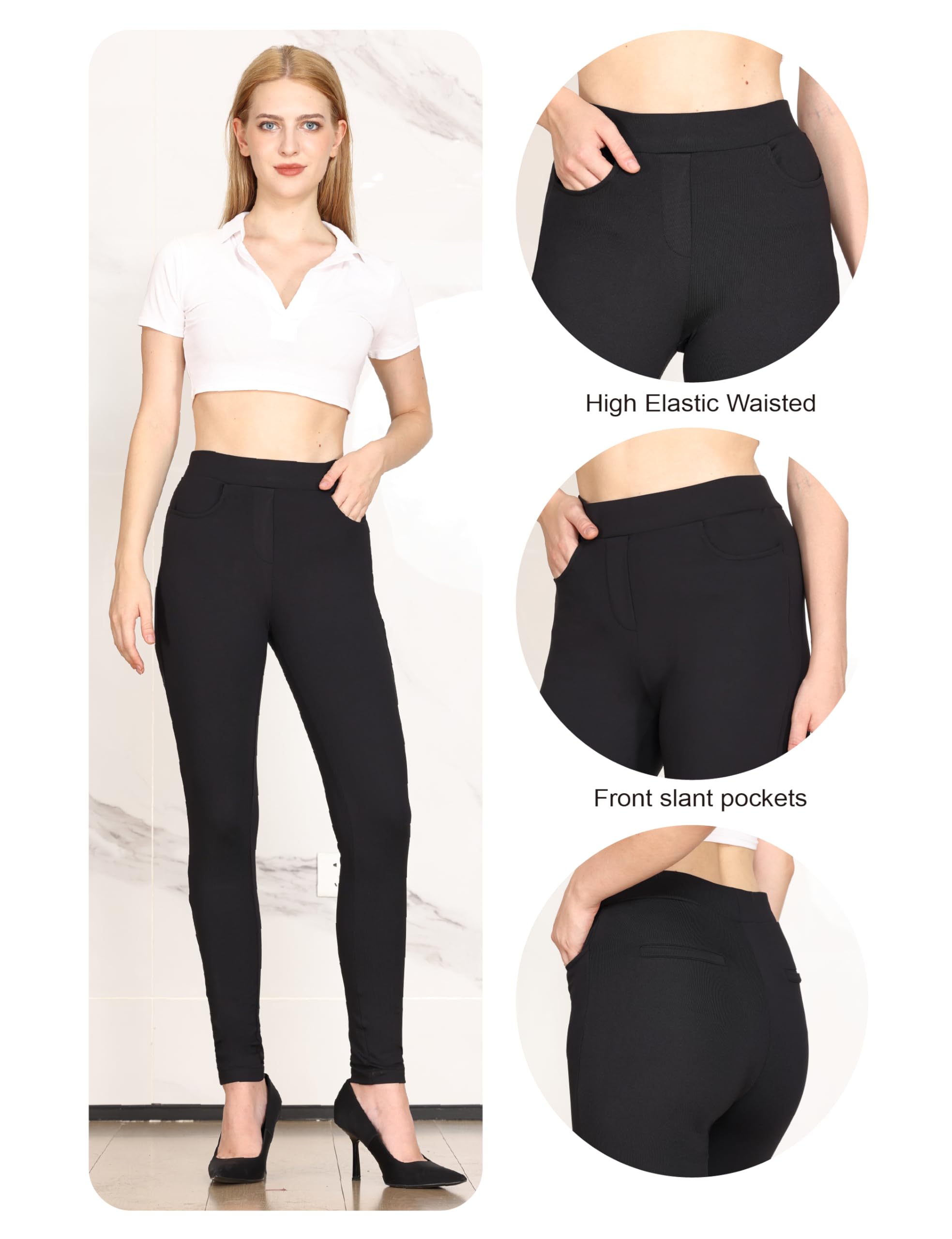 Bamans Black Dress Pants for Women Work Business Skinny Leg Pants Office Slacks Casual Tummy Control High Waisted Slim Fit Trousers