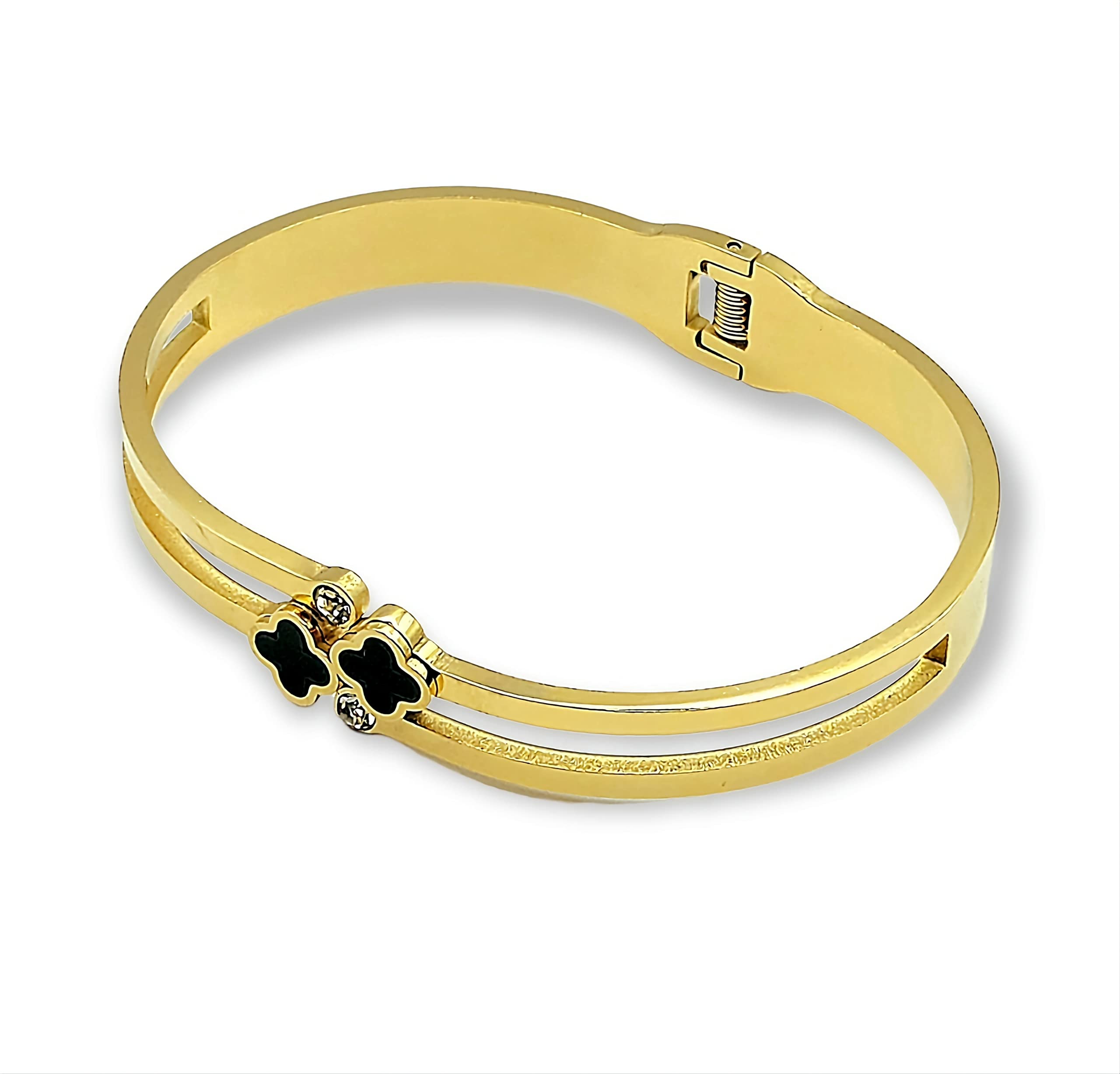 Dainty Clover Bangle Bracelet Stainless Steel Gold Plated With Crystal Accents