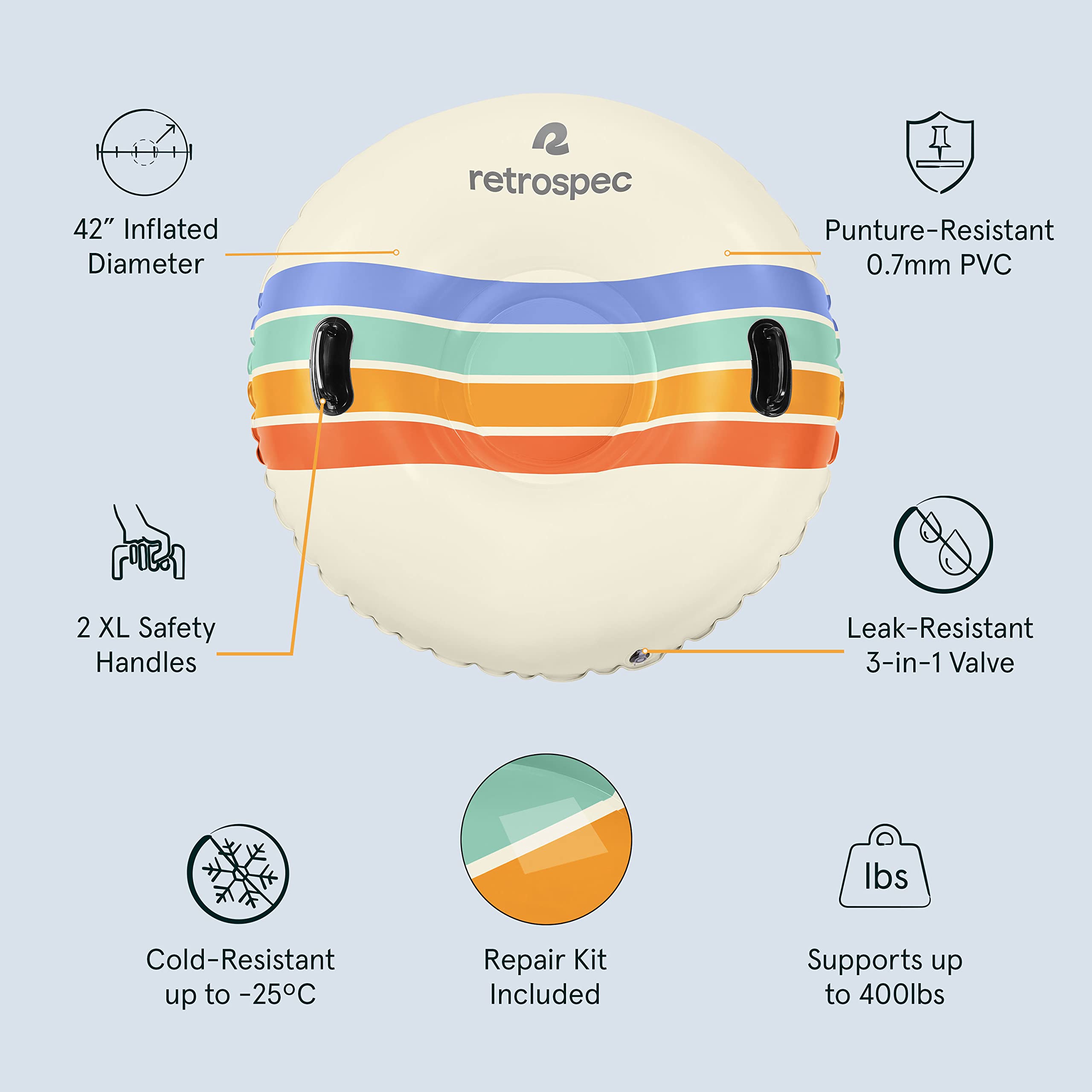 Retrospec Snowslide 42” Inflatable Snow Tube with Puncture Resistant PVC, 2 Grab Handles and Repair Kit | Winter Snow Sports, Sledding and Snow Tubing