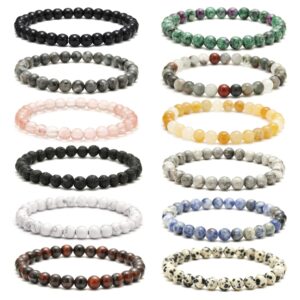 EACHAR 12Pcs 6MM/8MM Round Natural Stone Bracelets Beads Healing Crystals Quartz Y2K Stretch Bracelets for Women Men Girls Gifts Unisex (BE000002-1) (6MM)