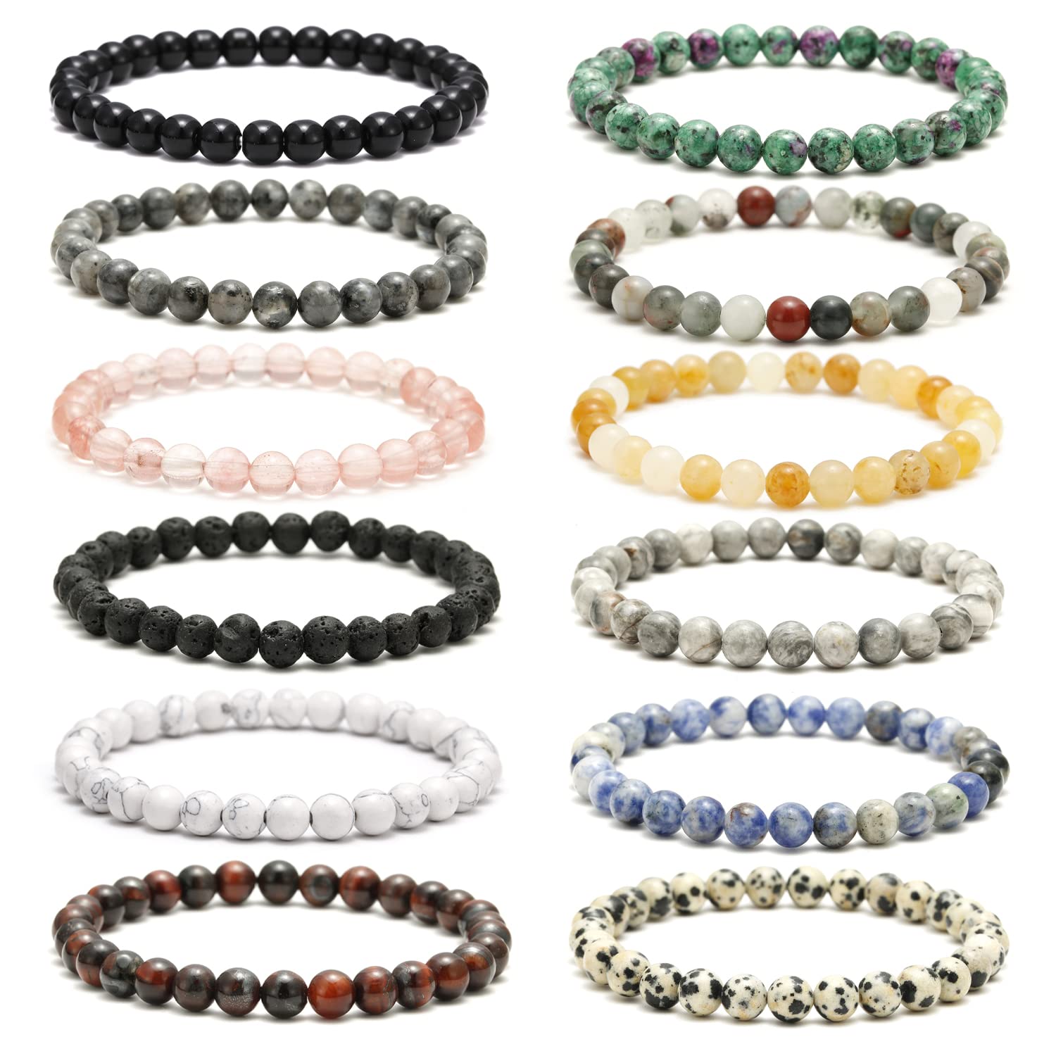 EACHAR 12Pcs 6MM/8MM Round Natural Stone Bracelets Beads Healing Crystals Quartz Y2K Stretch Bracelets for Women Men Girls Gifts Unisex (BE000002-1) (6MM)