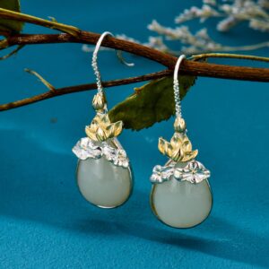 JKR Jade Earrings for Women Sterling Silver Lotus Flower Earrings Teardrop Jade lotus Drop Earrings Jewelry Birthday Christmas Gifts for Women Mom Wife Girls