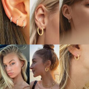 PICKBEAU 5 Pairs Gold Hoop Earrings Set for Women - 14K Gold Plated Hypoallergenic Small Gold Earrings Set Cartilage Helix Huggie Hoop Pack for Women Men 12mm/14mm/16mm/18mm/20mm