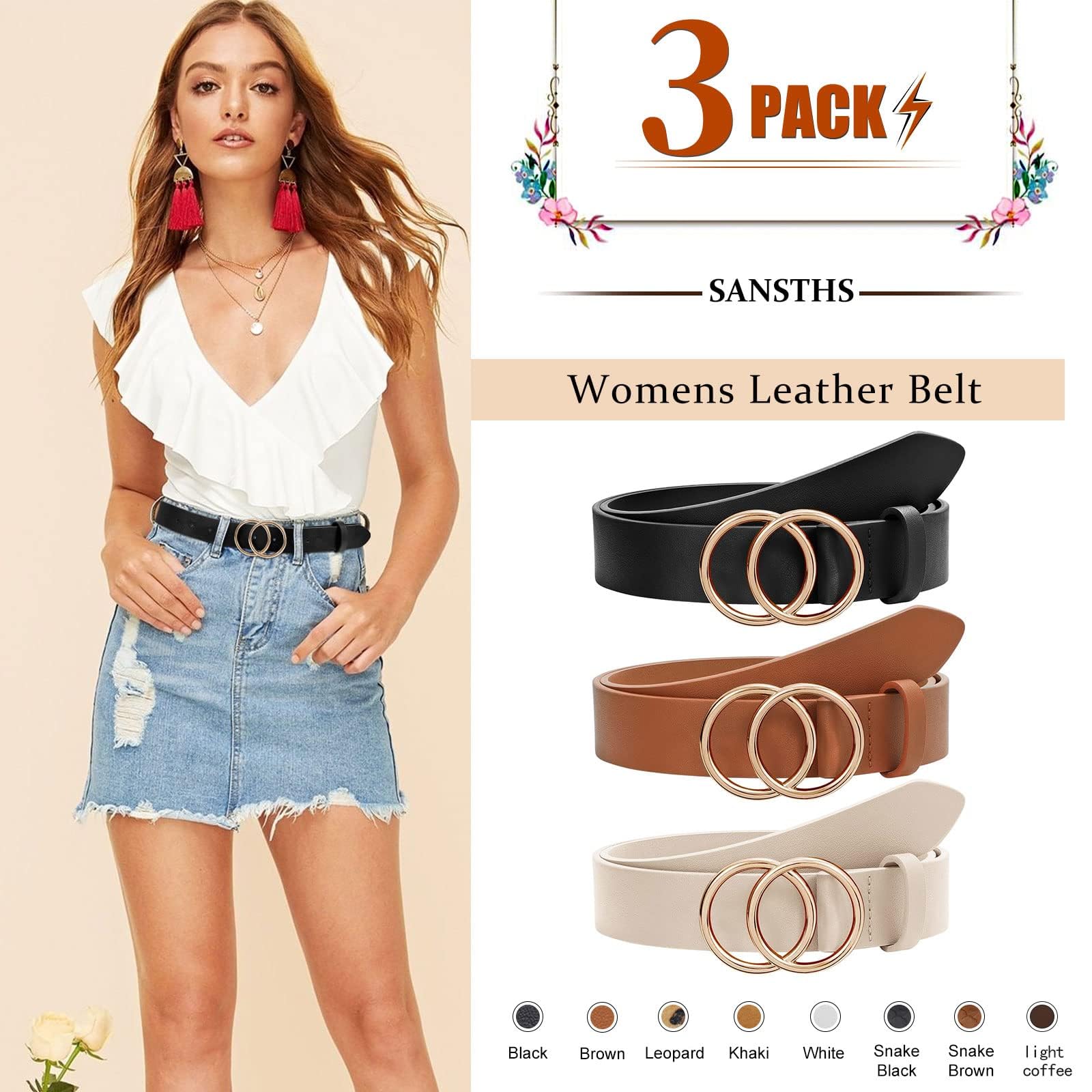 SANSTHS 3 Pack Women Leather Belts Faux Leather Jeans Belt with Double O-Ring Buckle Size up to 53 inch, M: fits waist from 29"-35"