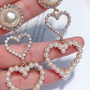 BUAJIUBUA Heart Earrings Drop Pearl Heart Earrings for Women Girls Teens Rhinestone Earrings（Gold Plated）