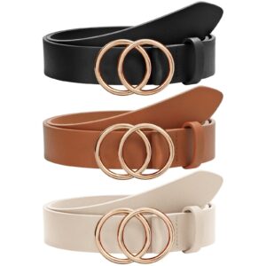 sansths 3 pack women leather belts faux leather jeans belt with double o-ring buckle size up to 53 inch, m: fits waist from 29"-35"