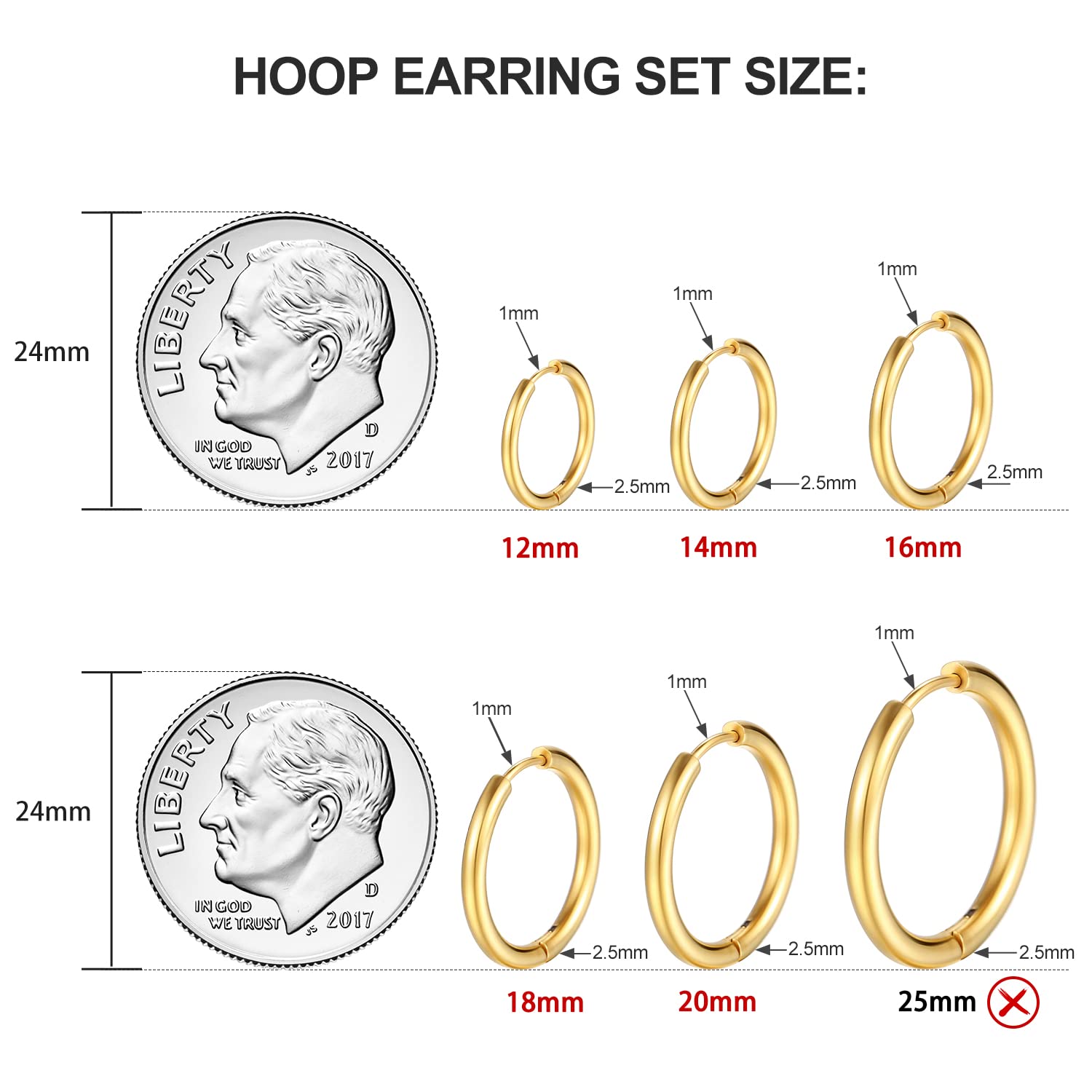 PICKBEAU 5 Pairs Gold Hoop Earrings Set for Women - 14K Gold Plated Hypoallergenic Small Gold Earrings Set Cartilage Helix Huggie Hoop Pack for Women Men 12mm/14mm/16mm/18mm/20mm