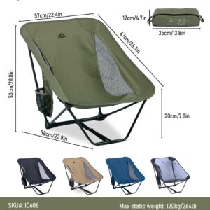 iClimb Low Ultralight Compact Camping Folding Chair with Side Pocket and Carry Bag (Green)