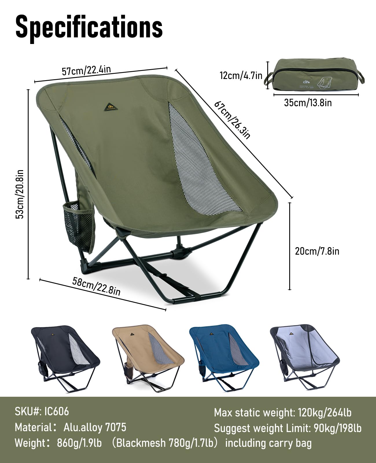 iClimb Low Ultralight Compact Camping Folding Chair with Side Pocket and Carry Bag (Green)