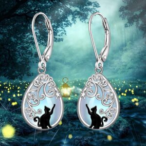 Cat Earrings Moonstone Filigree Earrings for Women Sterling Silver Teardrop Moonstone Black Cat Earring Dangle Cats Jewelry Cute Valentines Christmas Gifts