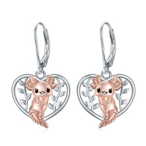 VONALA Axolotl Earrings 925 Sterling Silver Salamander Heart Dangle Dangling Drop Charm Leverback Earrings Animal Mexican Jewelry Gifts for Women