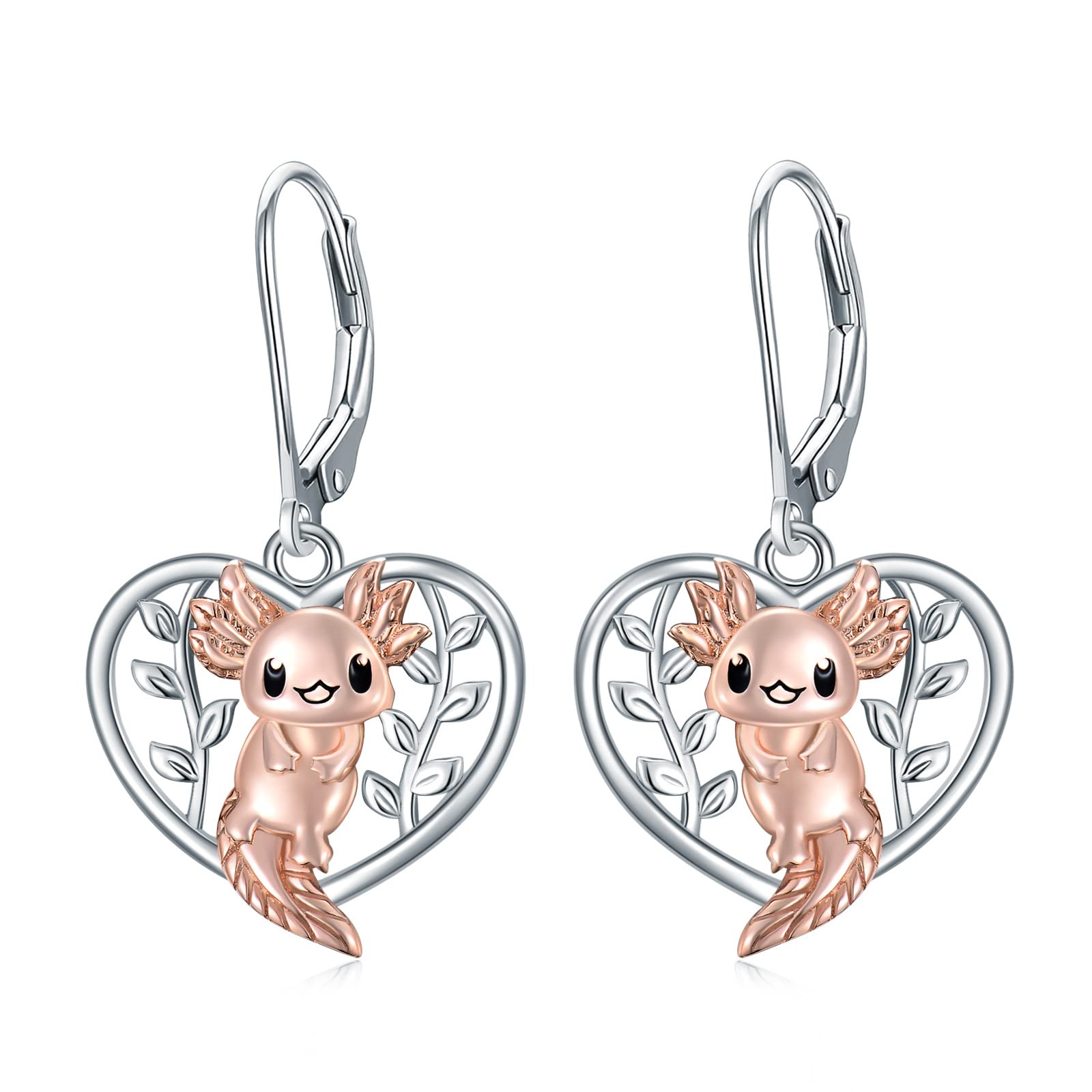 VONALA Axolotl Earrings 925 Sterling Silver Salamander Heart Dangle Dangling Drop Charm Leverback Earrings Animal Mexican Jewelry Gifts for Women