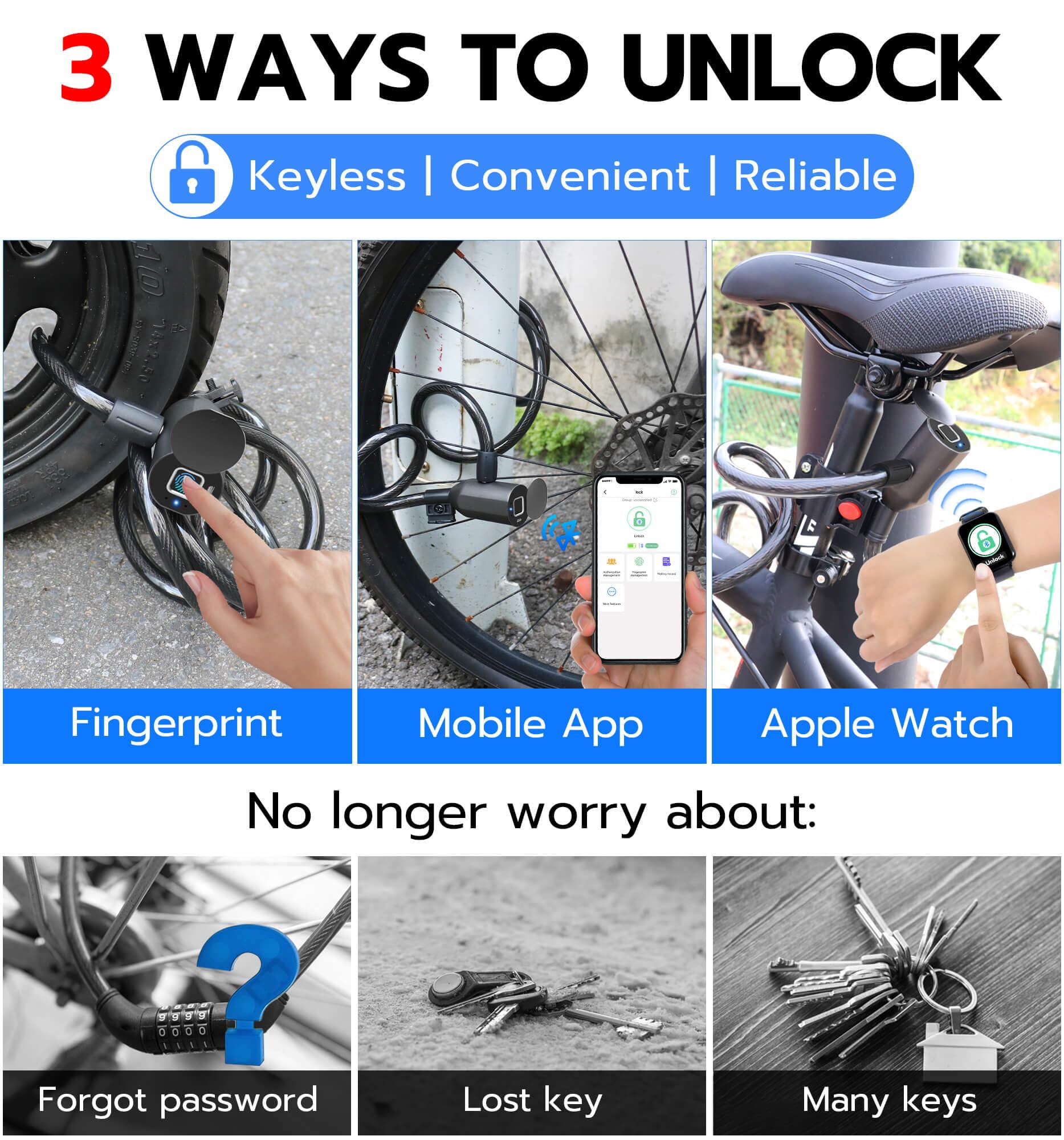 eLinkSmart Fingerprint Cable Lock, 4.9FT Long Heavy Duty Anti Theft Bike Lock, Weatherproof Keyless Electronic Digital Biometric Bluetooth Smart Lock for Bicycle Scooter Lawnmower Skateboard - Black