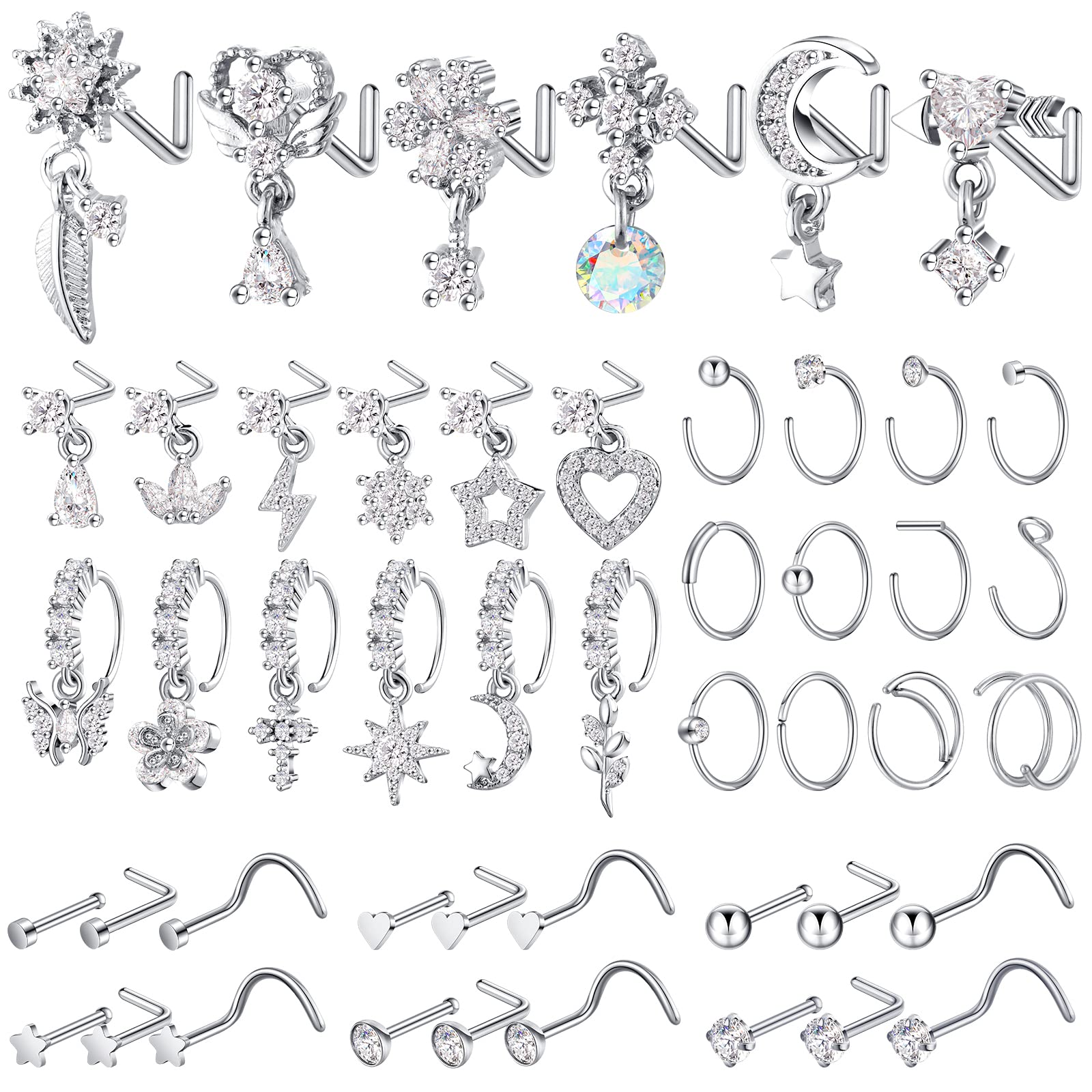 Trnayi 48 Pcs Dangle Nose Rings for Women Nose Piercings Jewelry with Charm L Shape Nose Studs Hoops Stainless Steel Indian Nose Rings for Women(Silver)