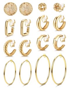 thunaraz 8 pairs gold clip on earrings for women 14k gold plated chunky clip on hoop earrings non pierced fashion fake hoops earings jewelry set