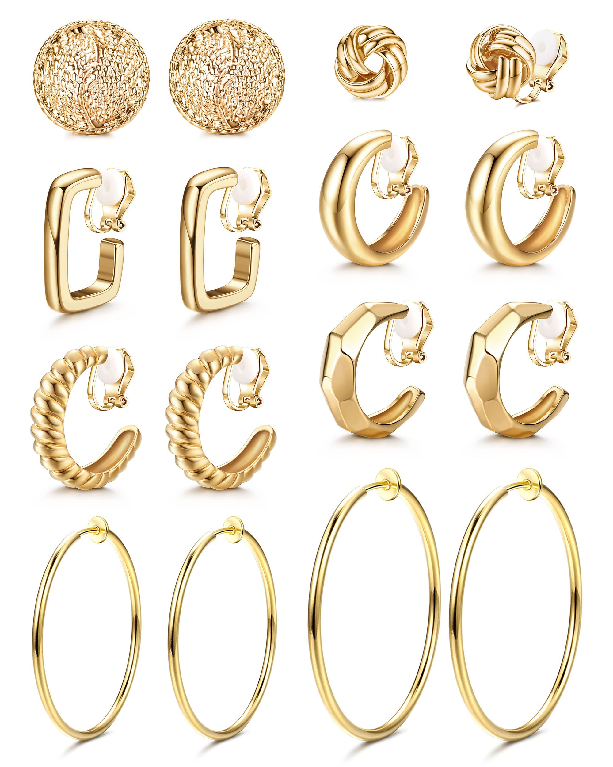 THUNARAZ 8 Pairs Gold Clip On Earrings for Women 14K Gold Plated Chunky Clip On Hoop Earrings Non Pierced Fashion Fake Hoops Earings Jewelry Set