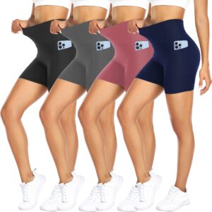 FULLSOFT 4 Pack Biker Shorts for Women – 5" High Waist Tummy Control Workout Yoga Running Compression Exercise Shorts with Pockets(4 Pack Black/Navy Blue/Grey/Pink,Large-X-Large)