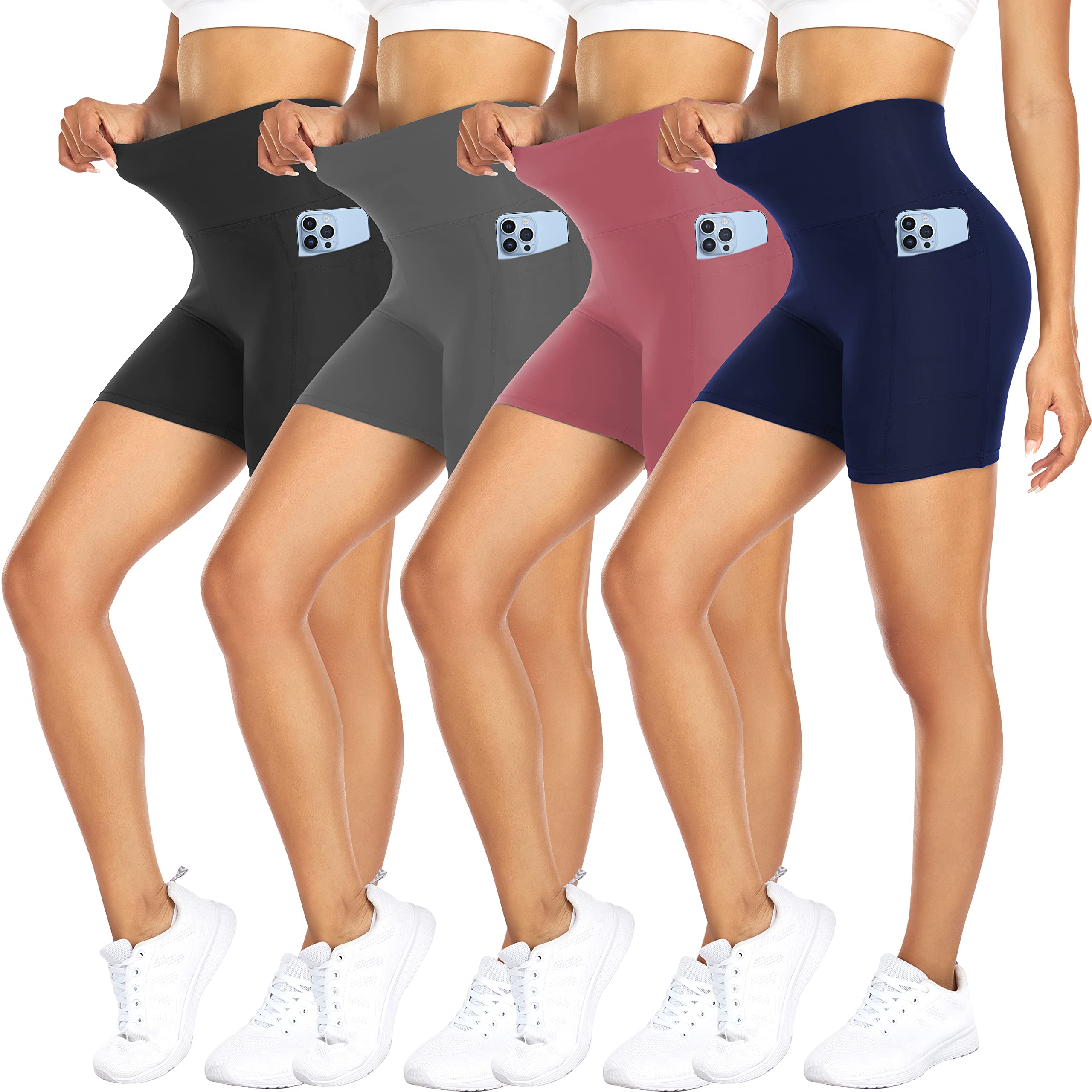 FULLSOFT 4 Pack Biker Shorts for Women – 5" High Waist Tummy Control Workout Yoga Running Compression Exercise Shorts with Pockets(4 Pack Black/Navy Blue/Grey/Pink,Large-X-Large)