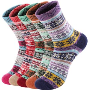 5 pair wool socks for women - thick soft wool socks, comfortable and warm womens wool socks, womens winter warm boot socks for women men, fashion vintage knit cabin cozy wool socks for women