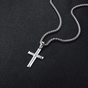 IRONBOX 925 Sterling Silver Cross Necklace for Men Women 3MM Stainless Steel Strong Durable Wheat Chain Beveled Edge Crucifix Pendant Necklace Jewelry 22 Inches