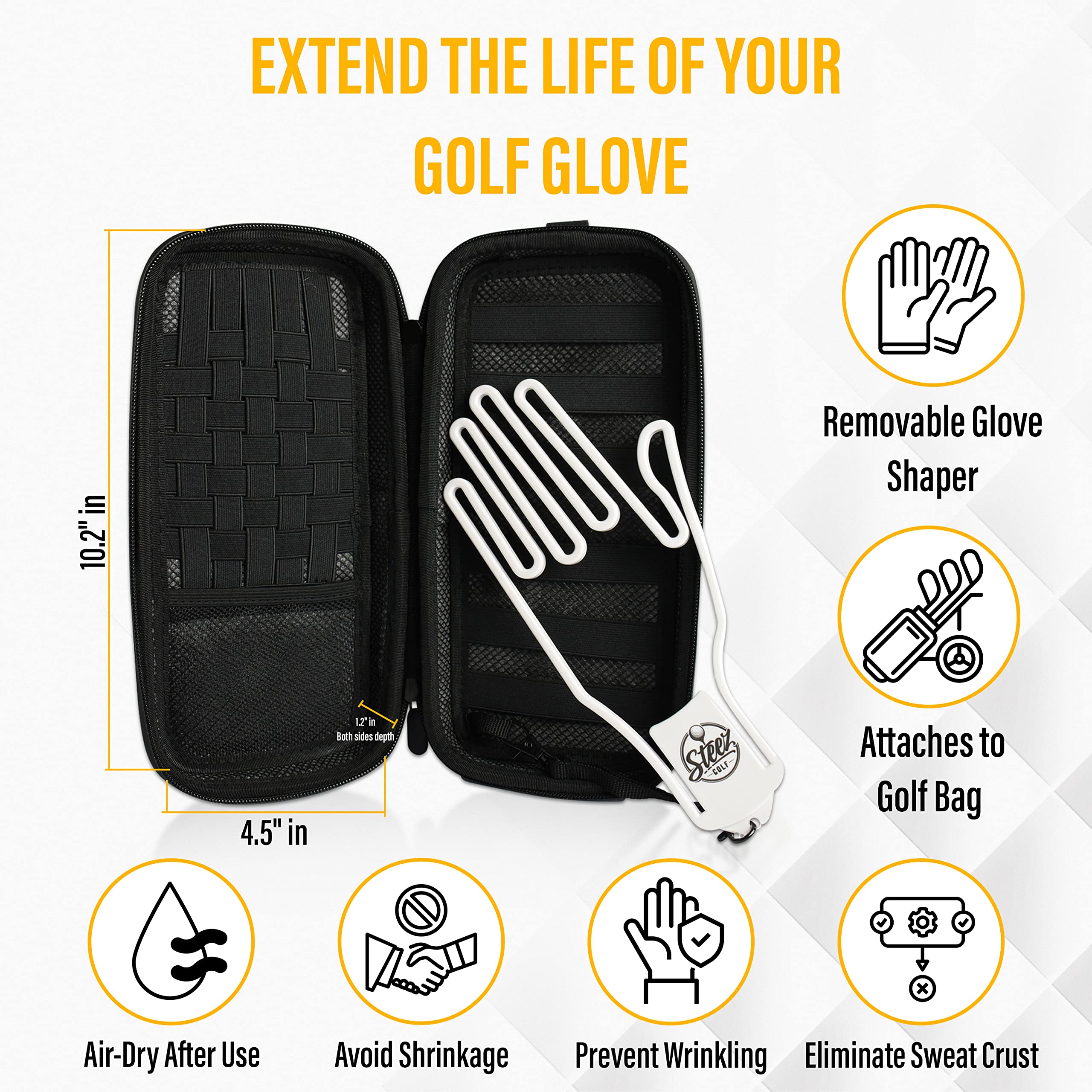 Steez Golf Accessory Case - Golf Bag Organizer. Airtight, Water-Resistant, Protective Hard Case for Phone, Tees, Ball Markers, Repair Tools, and Golf Essentials. Removable Golf Glove Hanger/Dryer