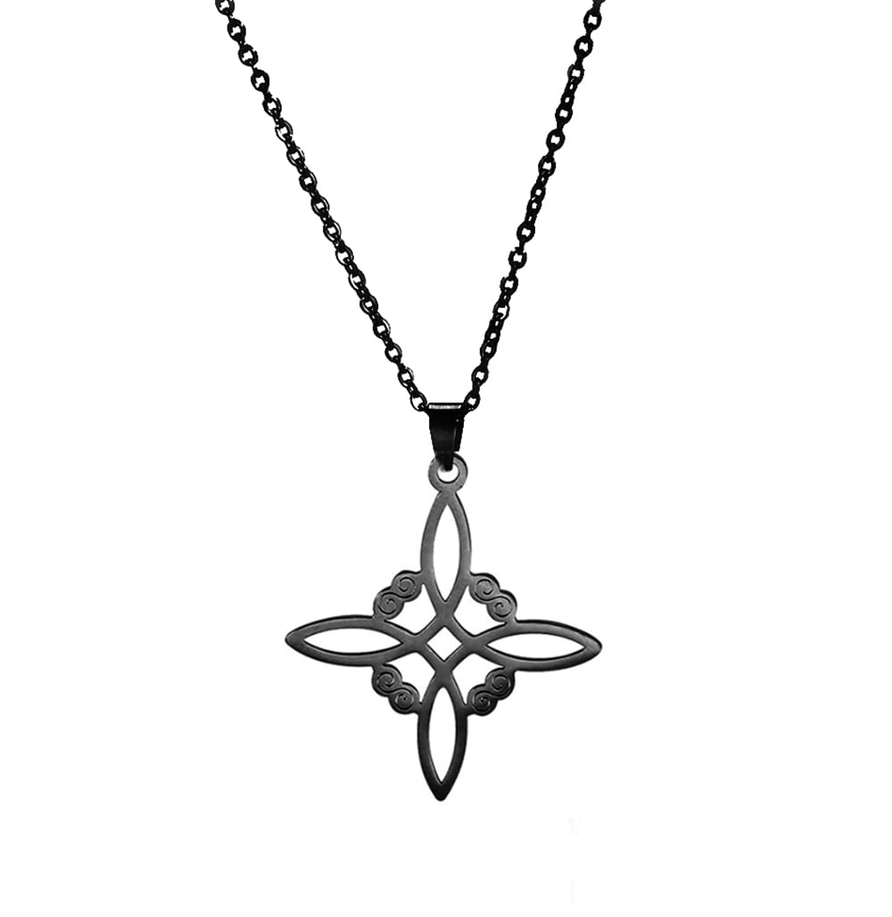 UNIFT Witches Knot Necklace For Women Stainless Steel Irish 4-Pointed Celtic Knot Pendant Fashion Charm Magick Jewelry Gift (Black)