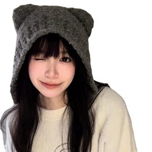 Fairy Grunge Beanie Y2K Bear Ears Hat Crochet Slouchy Hat Winter Warm Knitted Alt Headwear Accessories (Gray,54-58cm)