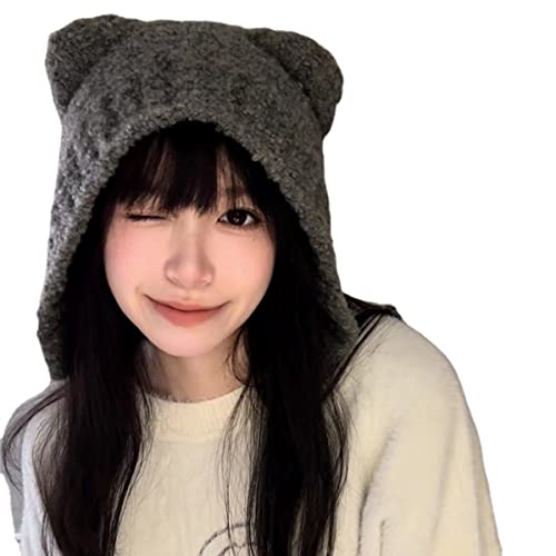 Fairy Grunge Beanie Y2K Bear Ears Hat Crochet Slouchy Hat Winter Warm Knitted Alt Headwear Accessories (Gray,54-58cm)