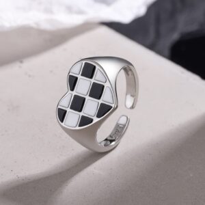 Izpack Plaid Love Heart Open Stacking Ring Black and White Checkered Enamel Heart Adjustable Chunky Bands Wedding Valentine's Day Promise Eternity Finger Rings for Women Brides Fashion Jewelry