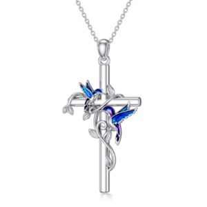 LELOUCHY Hummingbird Cross Necklace 925 Sterling Silver Cross Pendant Necklace Christian Jewelry Gifts for Women