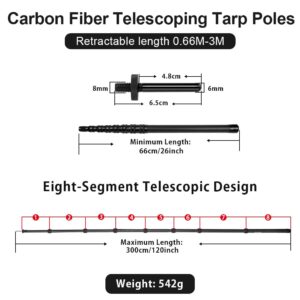 Telescoping Tarp Poles, Replacement Canopy Adjustable Carbon Fiber Rods Set of 2, Portable & Lightweight Tent Tarps for Awning, Outdoor Camping, Hiking 3M