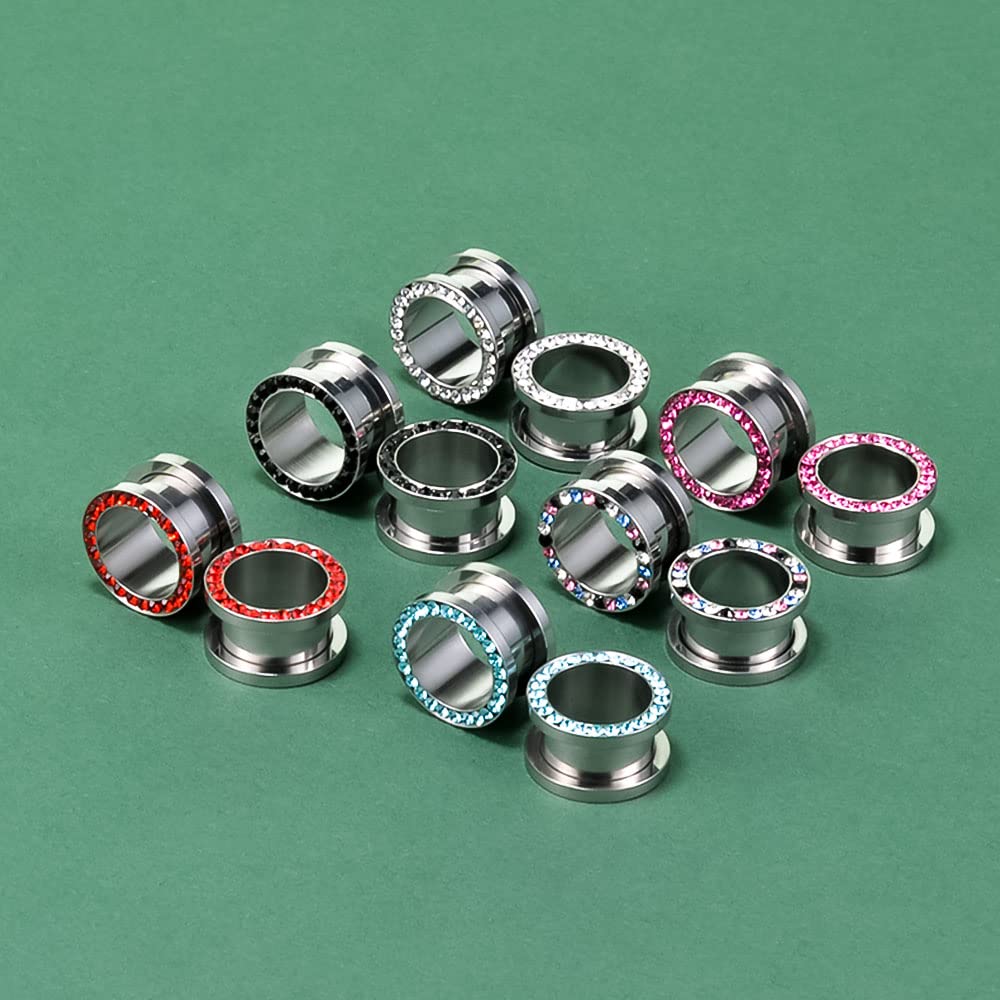 TBOSEN 12Pcs Stainless Steel Screw Fit Ear Tunnels Single Row Inlaid Color Diamond Gem Tunnels Piercing 8G-9/16inch