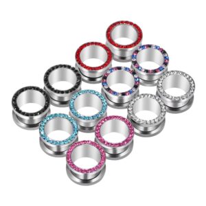 tbosen 12pcs stainless steel screw fit ear tunnels single row inlaid color diamond gem tunnels piercing 8g-9/16inch