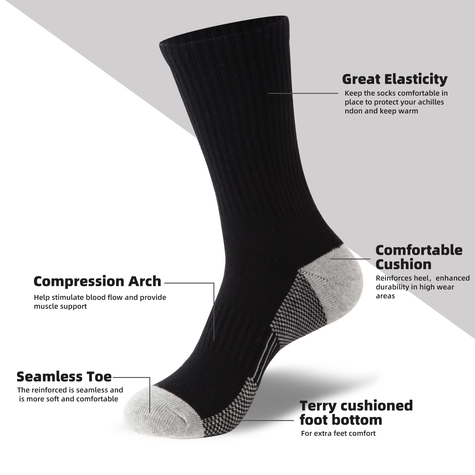 BUDERMMY Men's Cotton Moisture Wicking Heavy Cushion Crew Work Socks,6-12, 6Pairs (US, Numeric, 6, 9, Regular, Tall, black 2)