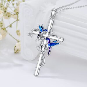 LELOUCHY Hummingbird Cross Necklace 925 Sterling Silver Cross Pendant Necklace Christian Jewelry Gifts for Women