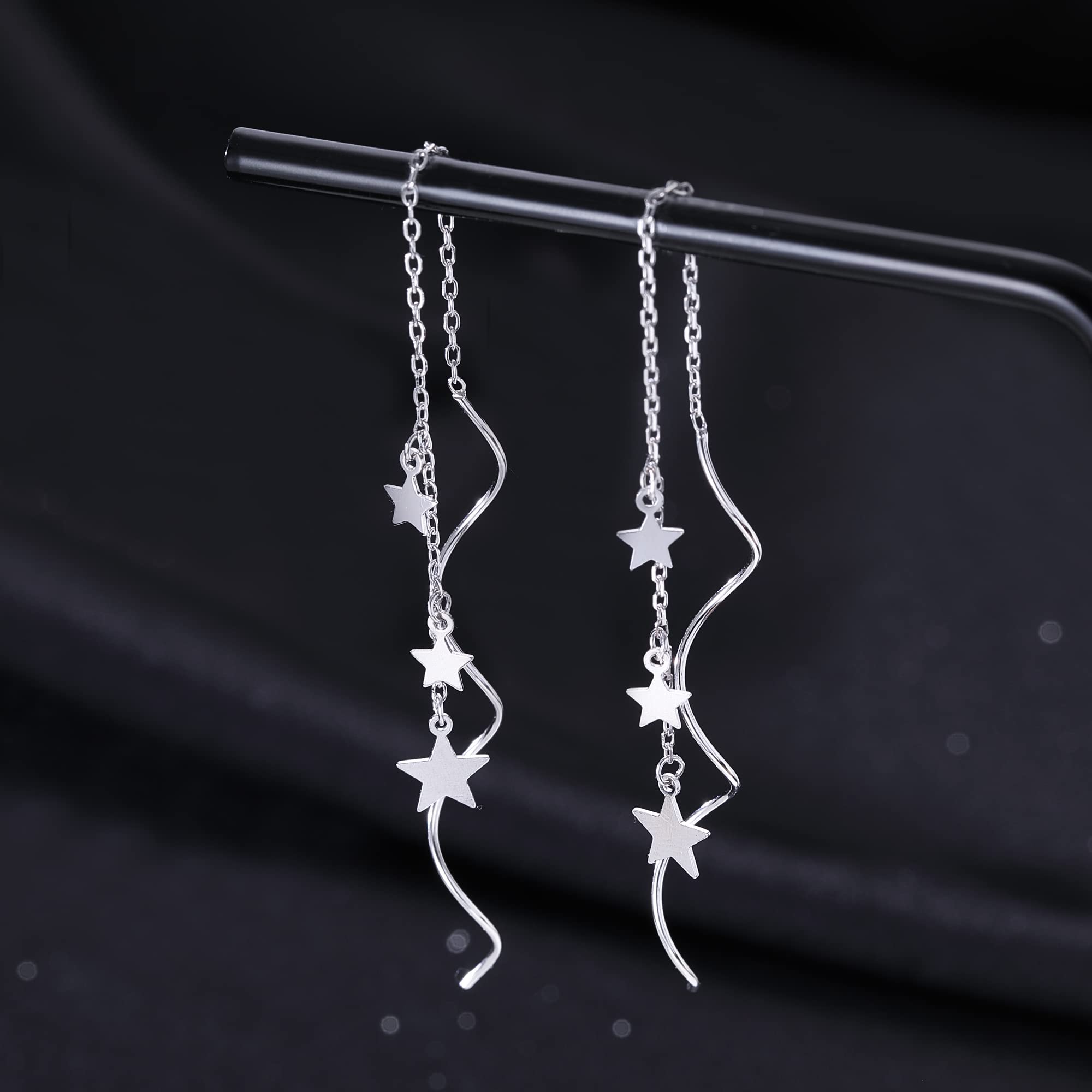 SLUYNZ Sterling Silver Stars Dangle Earrings Chain for Women Curve Stars Dangle Earrings Long Threader (A-Silver)