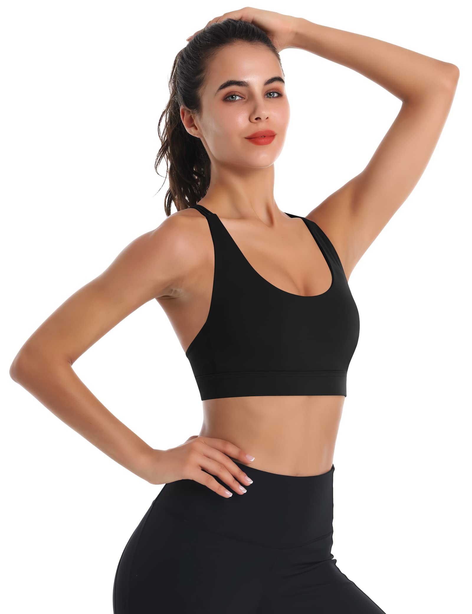 LEXISLOVE Strappy Sports Bras for Women Criss Cross Back Medium Support Workout Yoga Padded Sports Bra with Removable Cups Black L