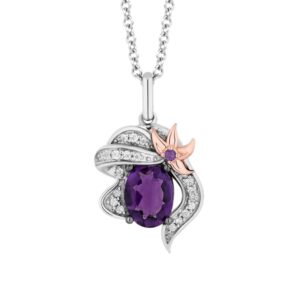 Jewelili Enchanted Disney Fine Jewelry Black Rhodium Over Sterling Silver and 10K Rose Gold with 1/10 CTTW White Diamond and Amethyst Ariel Pendant Necklace