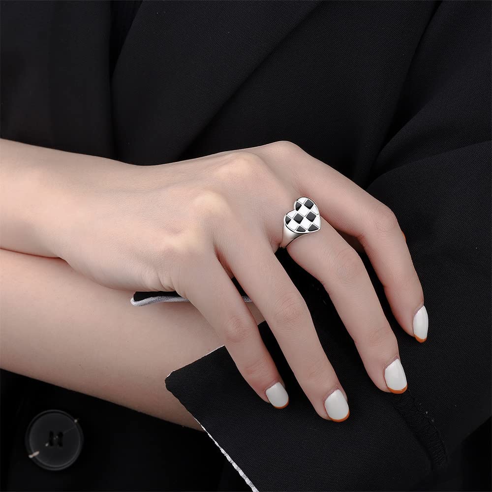 Izpack Plaid Love Heart Open Stacking Ring Black and White Checkered Enamel Heart Adjustable Chunky Bands Wedding Valentine's Day Promise Eternity Finger Rings for Women Brides Fashion Jewelry