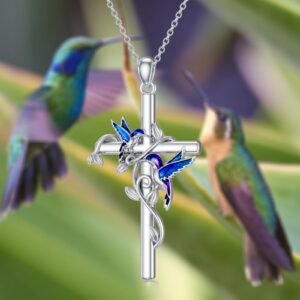 LELOUCHY Hummingbird Cross Necklace 925 Sterling Silver Cross Pendant Necklace Christian Jewelry Gifts for Women