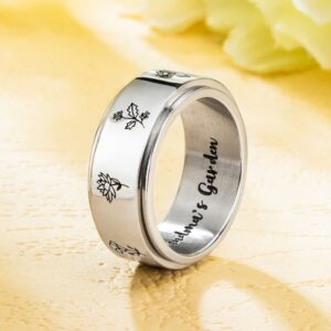 Custom Engraved Birth Flower Rings for Women Mothers 360 Rotating Spinner Ring Stainless Steel Personalized 1-13 Birth Month Flowers Ring for Her Mom Grandma Gift Fidget Rings Anxiety Worry Rings