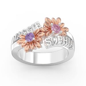 Zeekisfia Personalized Birthstone Ring Custom 3D Name Ring with Sunflower Sterling Silver Promise Ring Birthday Engagement Wedding Jewelry Gifts for Her Women Girls Mother Sisters