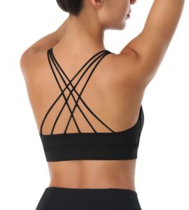 lexislove strappy sports bras for women criss cross back medium support workout yoga padded sports bra with removable cups black l