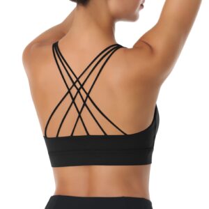 LEXISLOVE Strappy Sports Bras for Women Criss Cross Back Medium Support Workout Yoga Padded Sports Bra with Removable Cups Black L