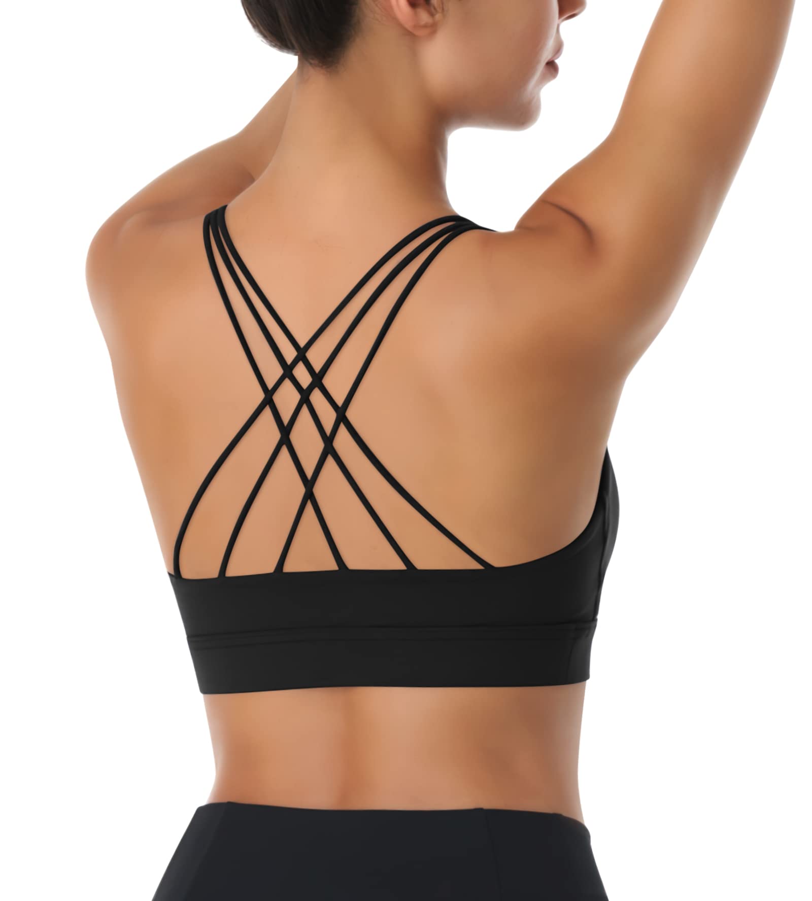 LEXISLOVE Strappy Sports Bras for Women Criss Cross Back Medium Support Workout Yoga Padded Sports Bra with Removable Cups Black L