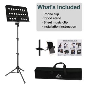 EASTROCK Sheet Music Stand Professional with Portable Bag Widened Panel, Thickened Pipe Wall, Lengthened Height Lifting Music Stand, Adjustable Folding Plate Metal, with Phone Holder