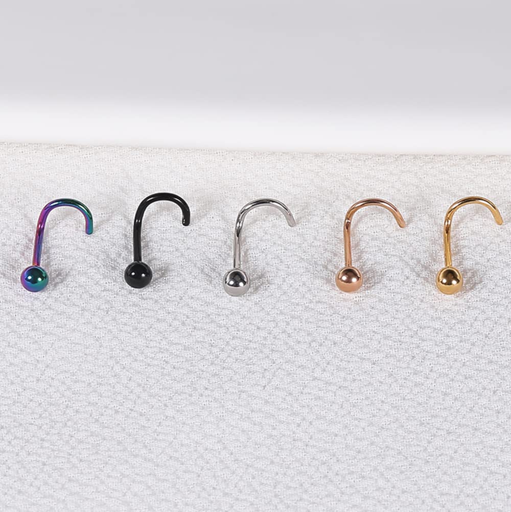 6ixGosh 6pcs 20g Nose Studs 3mm Ball Flat Surgical Steel Nose Ring for Women Men Black Rose Gold Nose Stud L Shaped Corkscrew Nose Ring Studs Cute Nostril Nose Piercing Jewelry