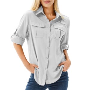 Toumett Women's UPF 50 Long Sleeve UV Sun Protection Safari Shirts Outdoor Quick Dry Fishing Hiking Travel Shirts(5071,Grey,L)